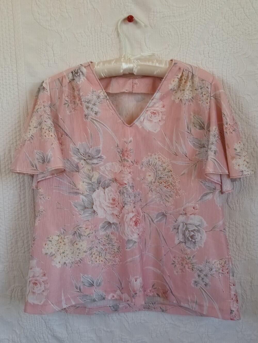 Vintage Blush Pink Floral V-Neck Flutter Sleeve Top Handmade 70s Crop Top Flowy - Picture 10 of 10